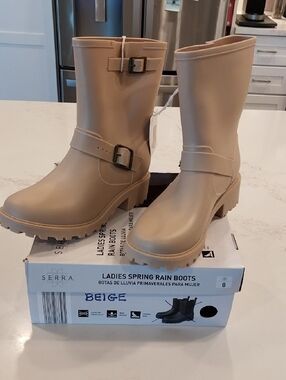 Serra Beige Mid-Calf Rain Boots with Buckles